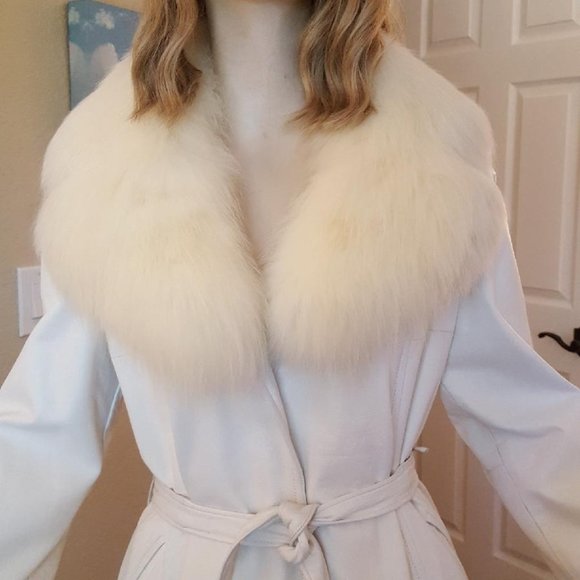EXC Long White Leather Coat Fox Fur Collar 8 10 12 - Picture 2 of 10